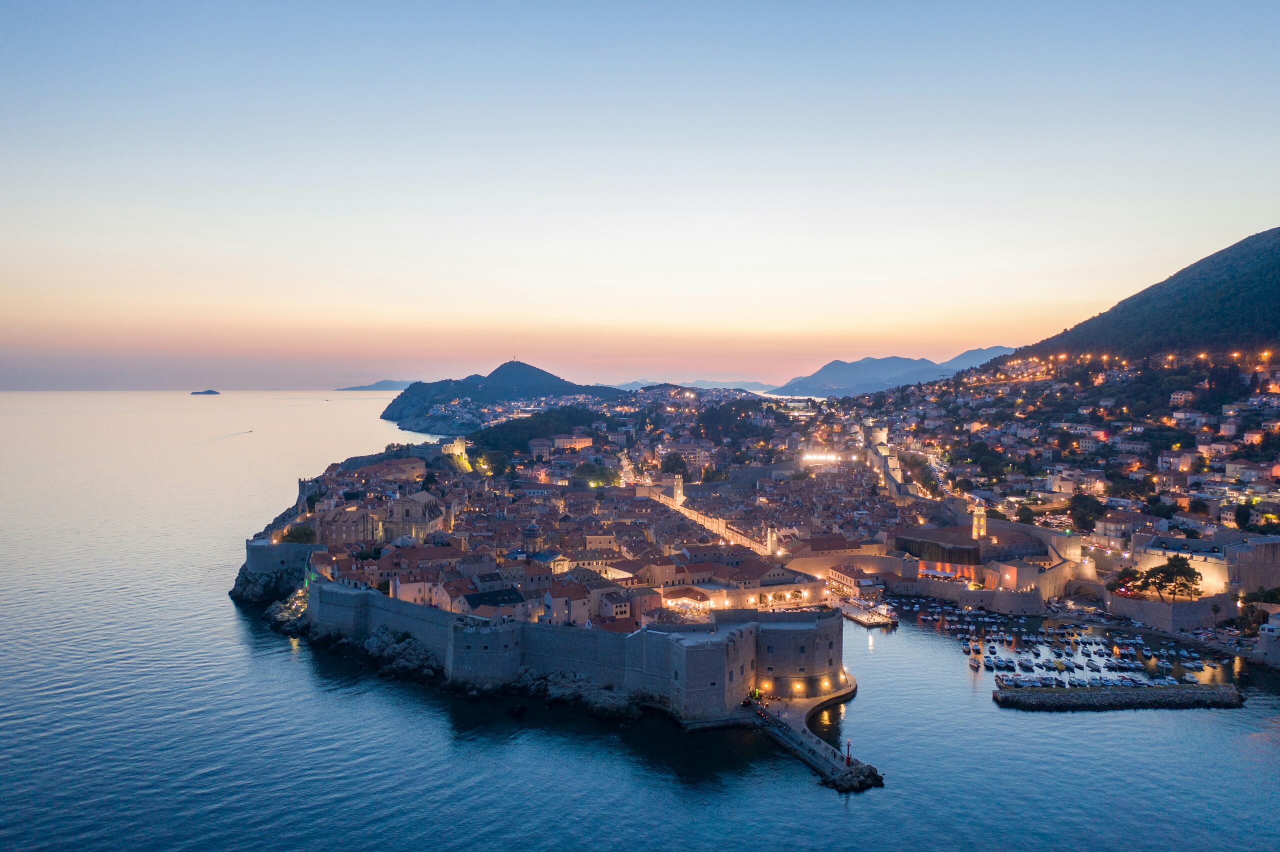 Dubrovnik city walls at golden hour from Minceta Tower
