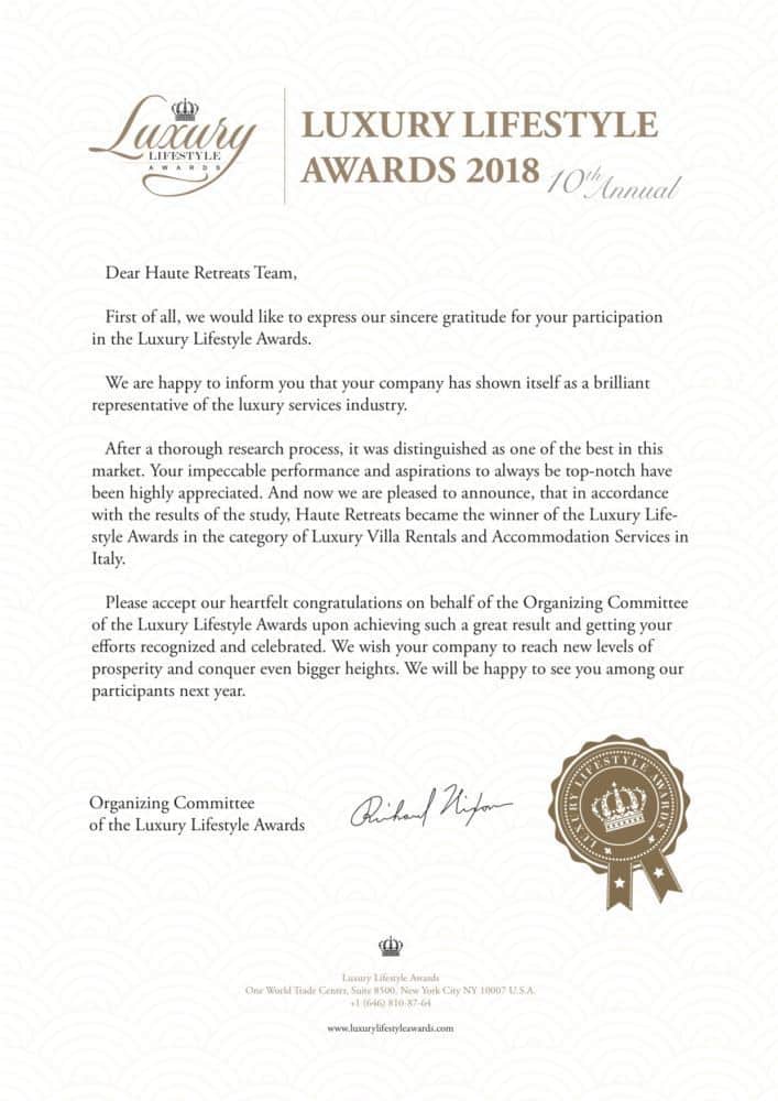 Haute Retreats winner of Luxury Lifestyle Awards 4 Haute Retreats winner of Luxury Lifestyle Awards - Congratulation letter Haute Retreats 2018