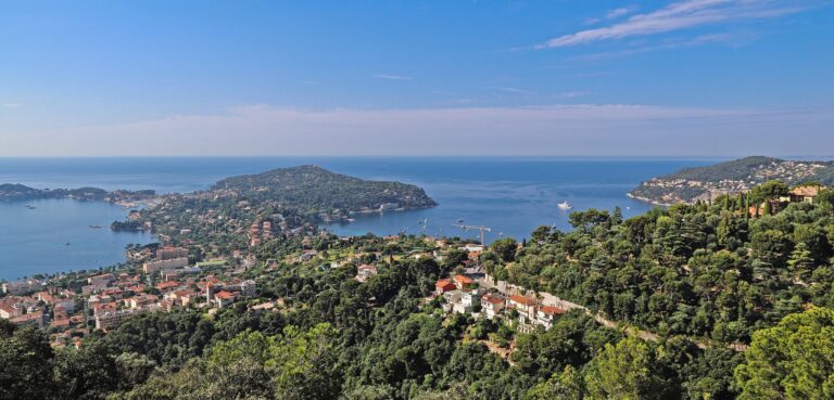 Panoramic view of the French Riviera coastline near Cap Ferrat, the setting for a staffed luxury villa rental