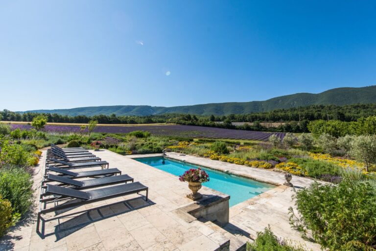 The pool terrace of Bastide de St Martin, with a lavender field and the Luberon ridge beyond