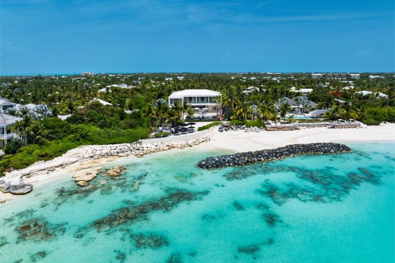 Villa Awa from the air, on the beach at Grace Bay