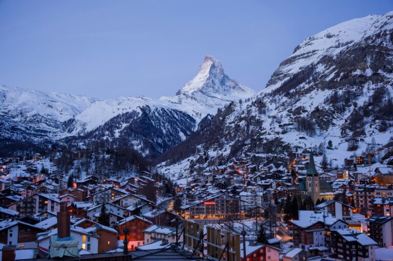 The village of Zermatt beneath the Matterhorn in winter