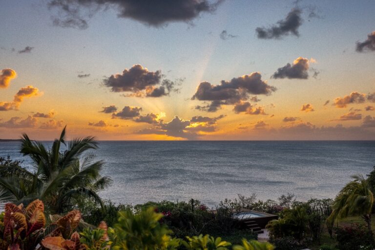 The sun setting over the sea beyond the palms, from a villa terrace in Anguilla