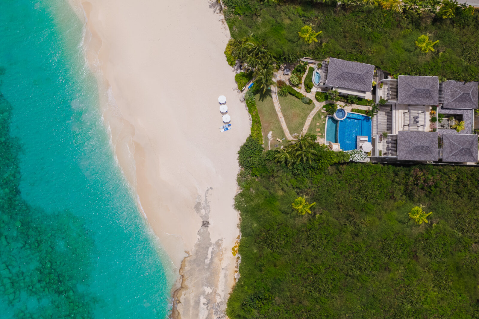 Villa Nevaeh from the air, on the beach at Long Bay, Anguilla