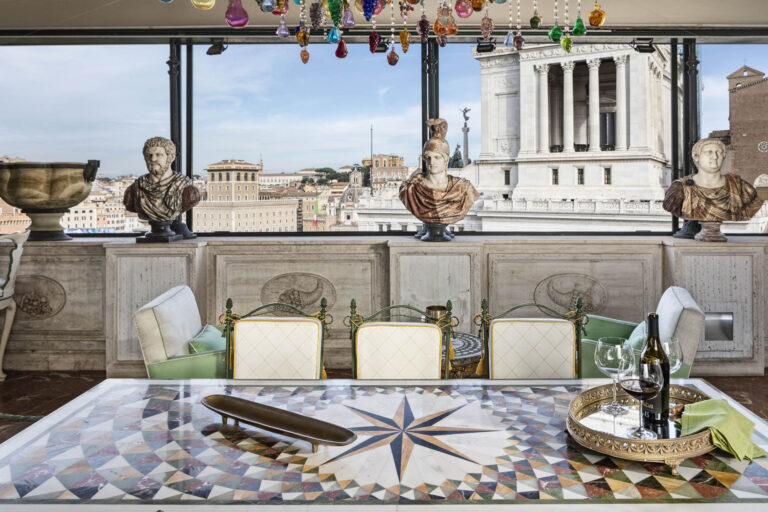 Elegant dining area with city view.