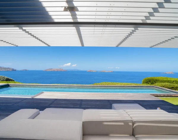 The heated pool and terrace at Villa Domingue, Pointe Milou, St Barts