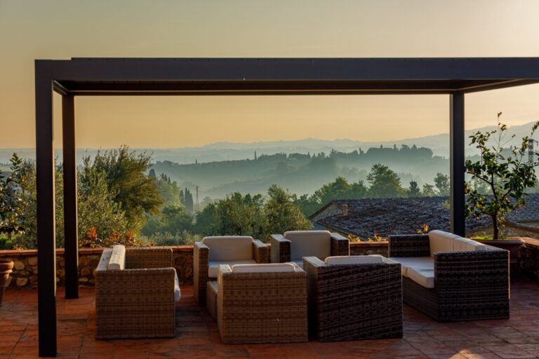 Scenic terrace with misty landscape view