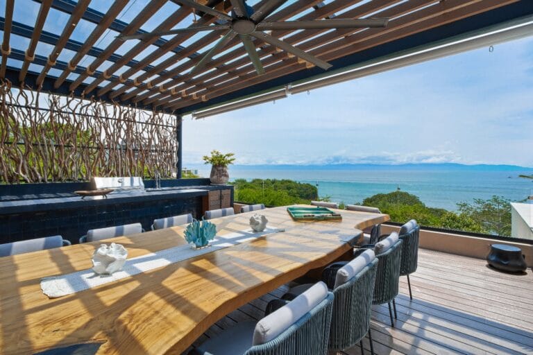Shaded dining terrace facing the Pacific at The One, Punta Mita