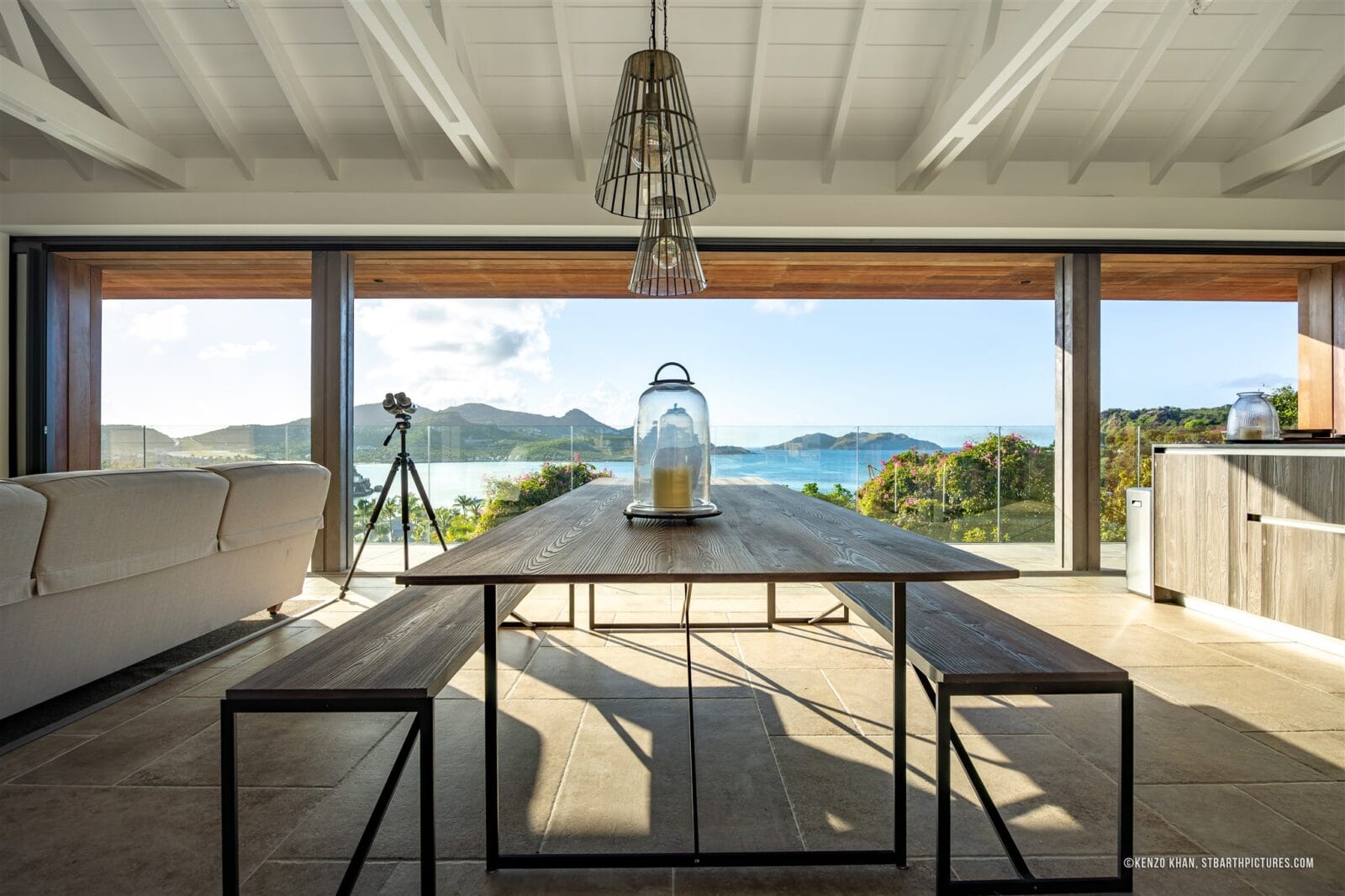 St Barts villa living and kitchen area, Villa Maud, set for the festive season